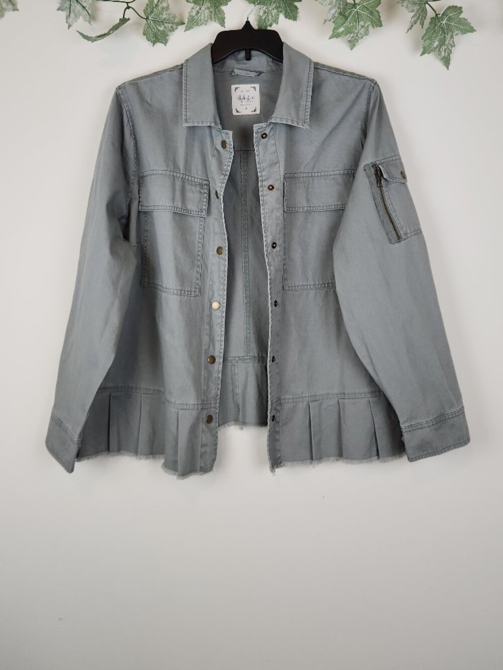 Style & Co Woman Size 3X Long Sleeve Boho Cotton Green Jacket Pockets Pleated
